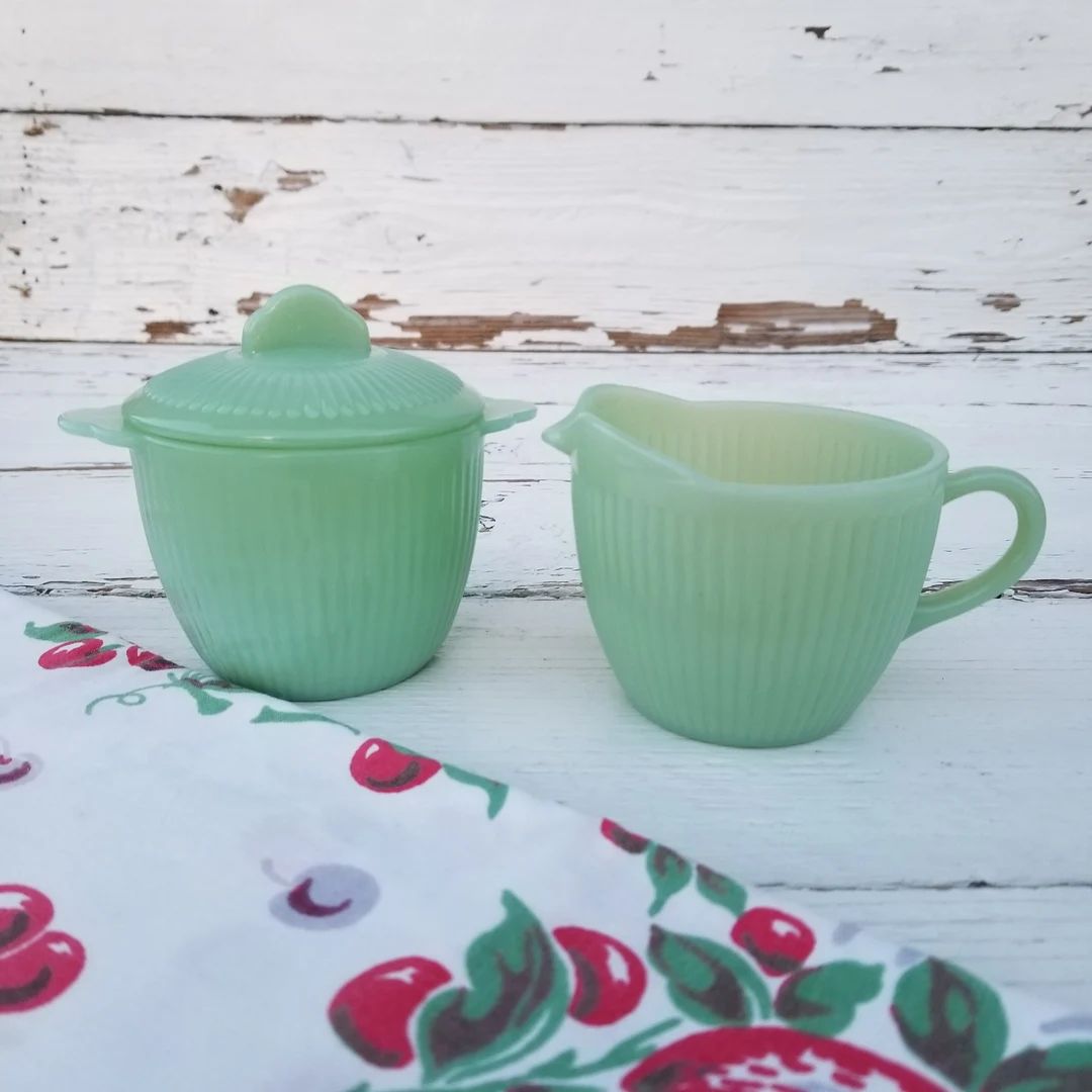 Jadeite Fire King Cream & Sugar Bowl Set Vintage Fire King Jane Ray Jadeite Cream and Sugar Set G... | Etsy (US)