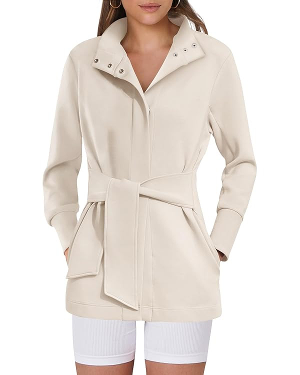 ANRABESS Womens Jacket Belted Casual Long Sleeve Wrap Trench Coat 2024 Winter Trendy Button Up Dr... | Amazon (US)