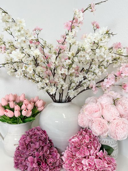 Pretty in Pink! Faux Cherry Blossoms, Tulips, Hydrangeas,, and Peonies! #flowers #fauxflowers #interiordesign #homedecor #amazon #amazonhome #founditonamazon #home 
