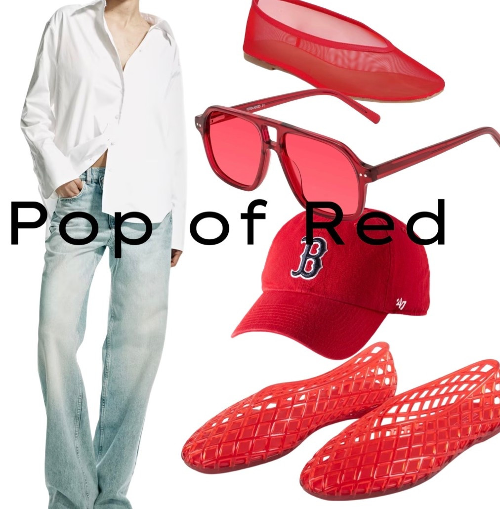 Ideas for a pop of red! This white shirt is a new arrival and so crisp! 
Red jelly flats red tinted aviators 
Red Anthro Red Sox hat red knit ballet flats 

#LTKTravel #LTKootd #LTKSeasonal