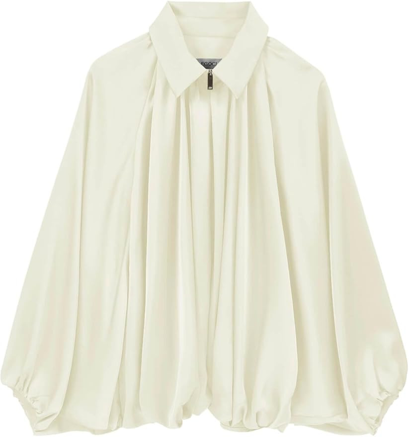 Womens Satin Puffed Bomber Jacket Oversized Batwing Sleeve Lapel Collar Pleated Zip Up Outerwear ... | Amazon (US)