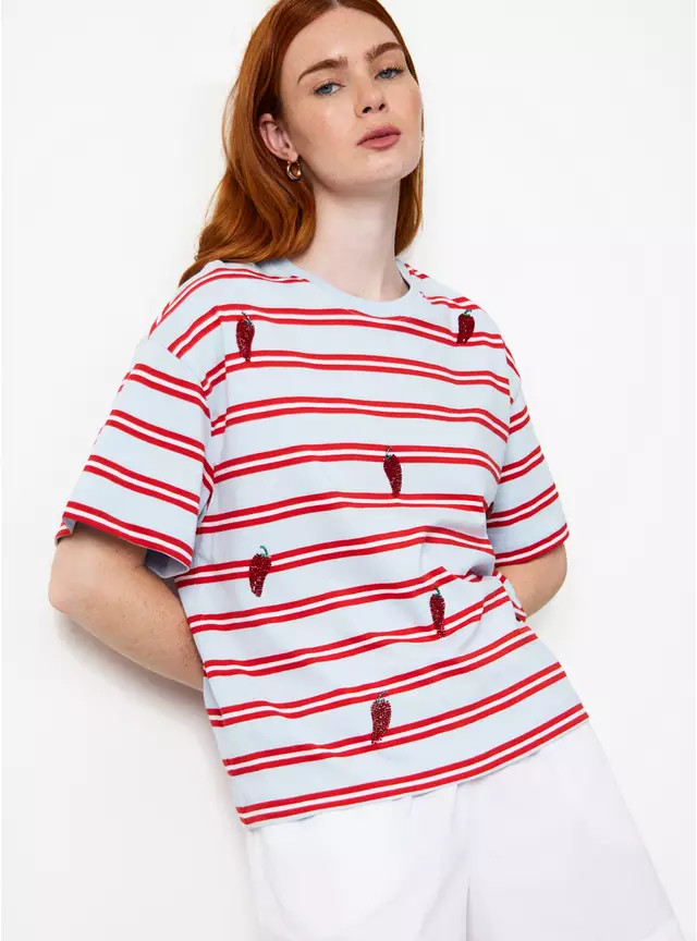 Buy Blue Stripe Print Chilli Embellished Boxy Fit T-Shirt M | T-shirts | Tu | Tu Clothing