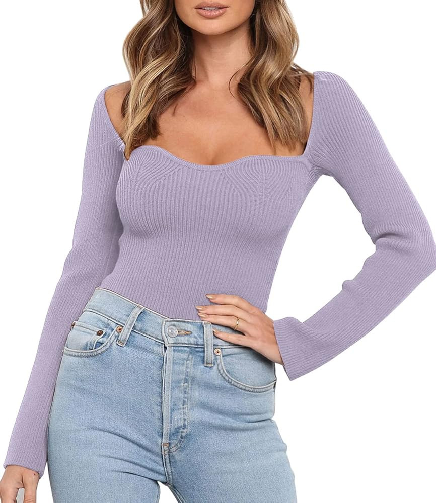 LILLUSORY Women's Sweetheart Neckline Sweater 2024 Spring Ribbed Knit Slim Fit Pullover Tops | Amazon (US)