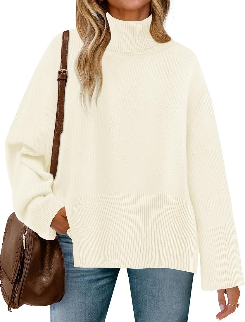 ZESICA Women's 2024 Fall Sweaters Turtleneck Long Sleeve Oversized Split Hem Knitted Tunic Pullov... | Amazon (US)