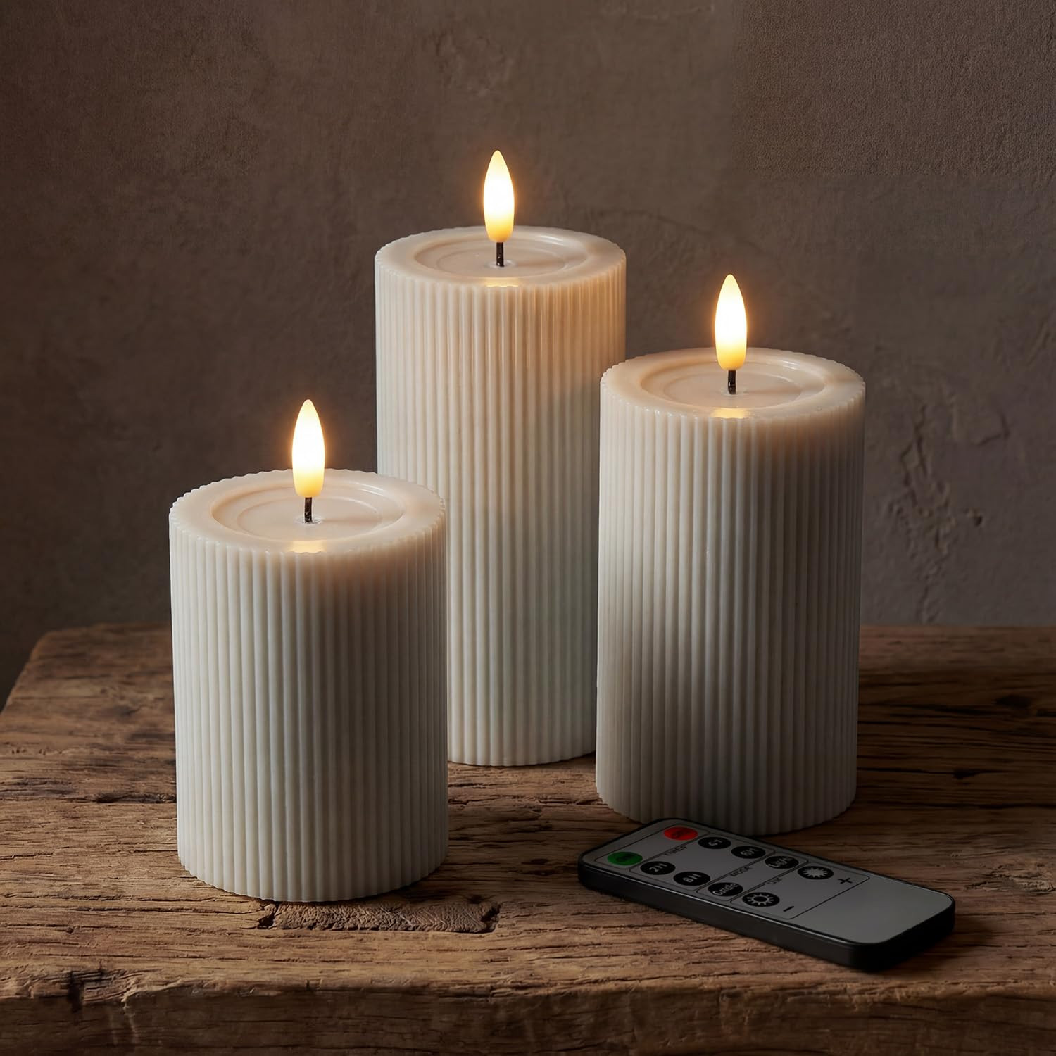 Fluted Ribbed LED Pillar Candles, Cream Beige, with Reflective Melted-Wax Effect \u2013 Flickerin... | Amazon (US)