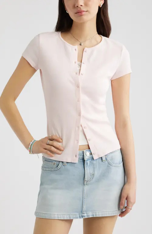 BP. Short Sleeve Rib Knit Cardigan in Pink Balm at Nordstrom, Size Xx-Small | Nordstrom