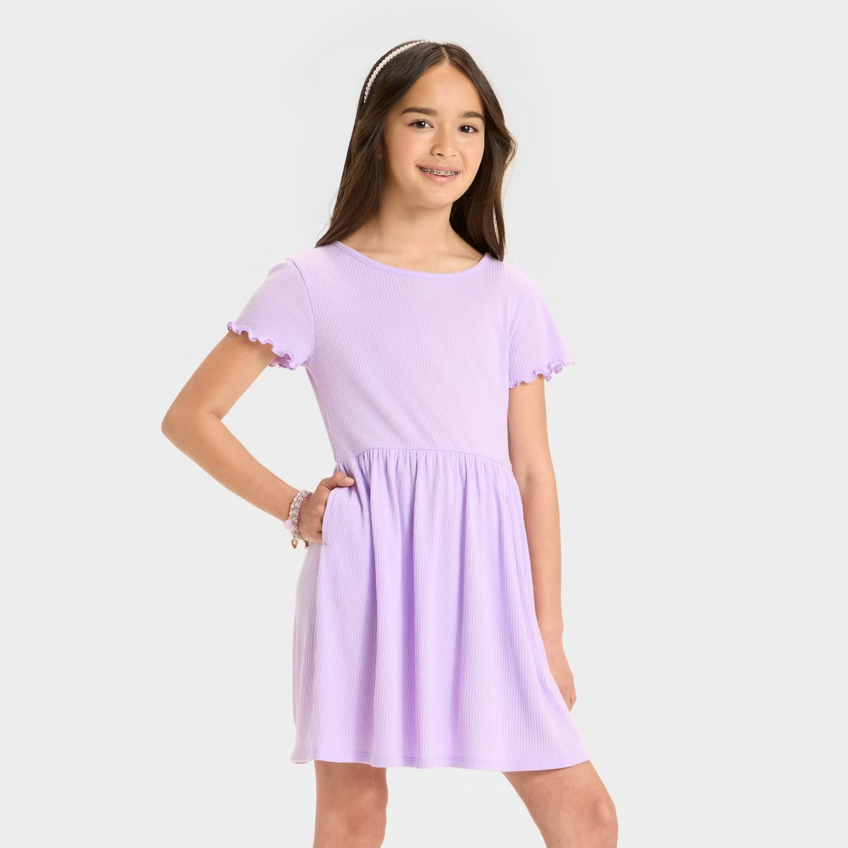 Girls' Short Sleeve Ribbed Dress - Cat & Jack™  Lavender S | Target