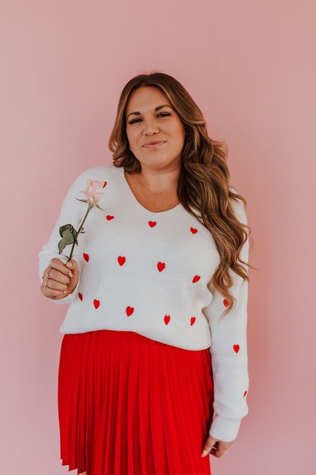 curvy Valentine look! wearing size large in red tiny heart sweater and red skirt 

#LTKunder50 #LTKSeasonal #LTKcurves