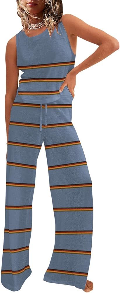 SAUKOLE Women’s Summer Two Piece Outfits Knit Sets Sleeveless Tank Top and Wide Leg Pants Match... | Amazon (US)
