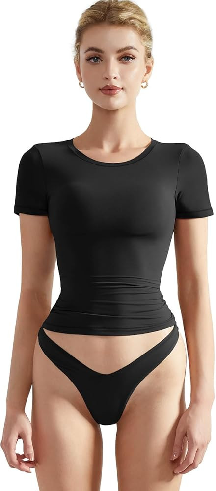 SUUKSESS Women Double Lined Fitted Basic Tee Crew Neck Short Sleeve Y2K Crop Top | Amazon (US)