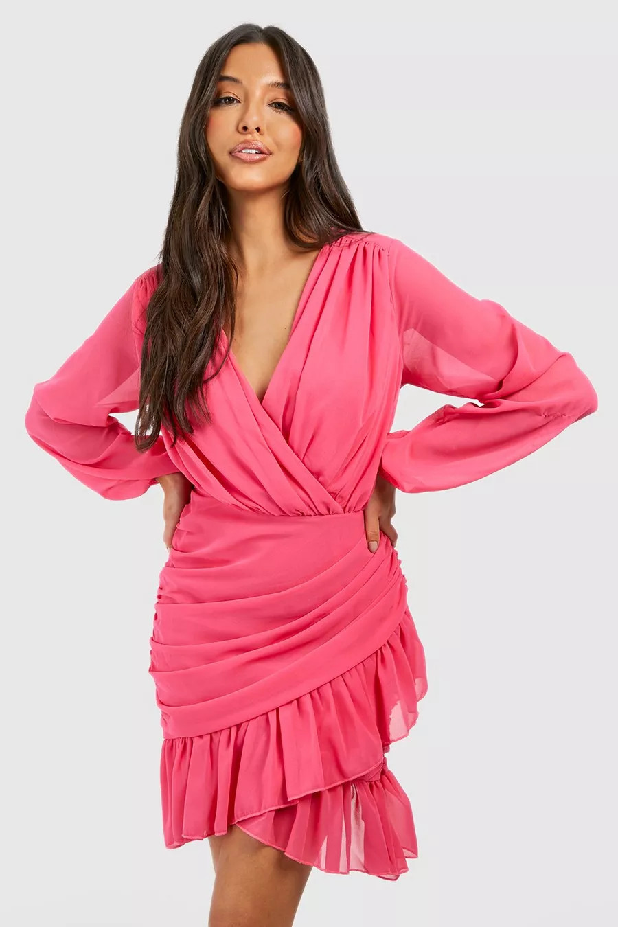 Ruffle Draped Chiffon Wrap Dress | Boohoo.com (US & CA)
