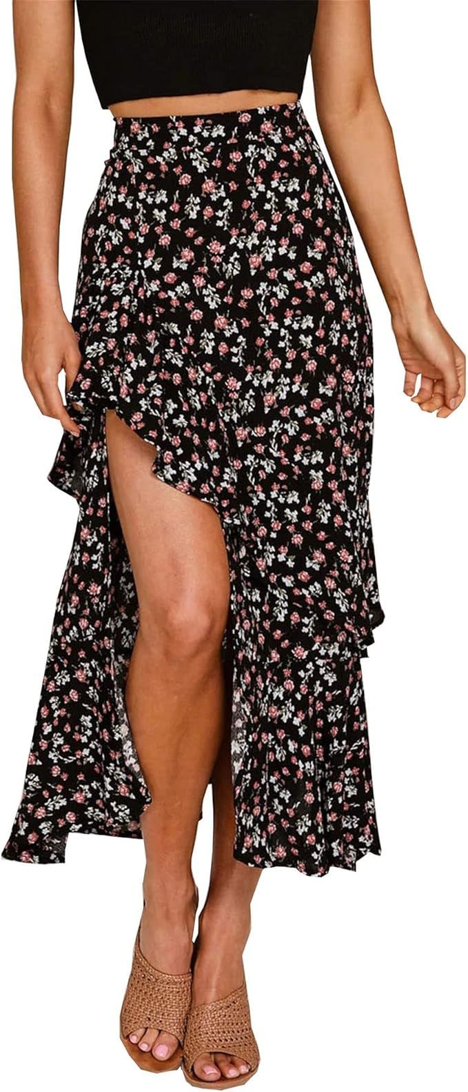 BTFBM Women 2023 Summer Spring Boho Long Skirts Dress Floral Print Elastic Waist Split Ruffle Hig... | Amazon (US)