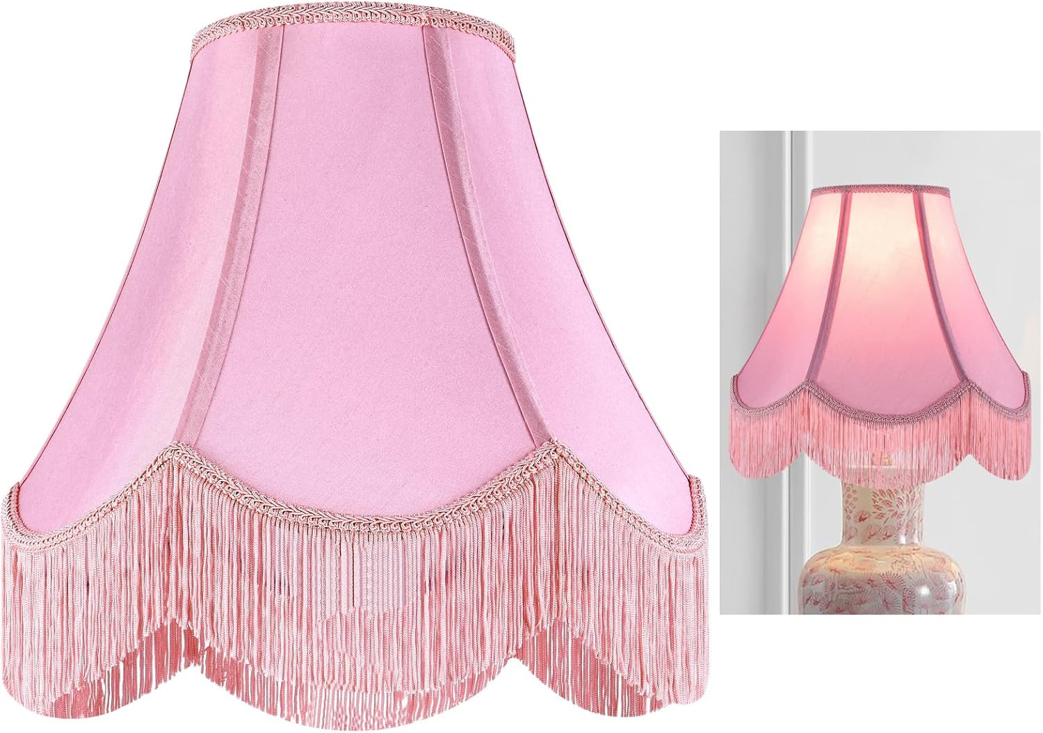 Pink Silk Fabric Bell Lamp Shades Set of 1, Victorian Fringe Trim Scalloped Lamp Shade 6"x13"x10.... | Amazon (US)