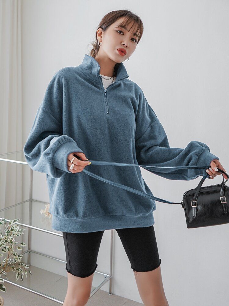 DAZY Half Zip Drop Shoulder Oversized Fleece Sweatshirt | SHEIN