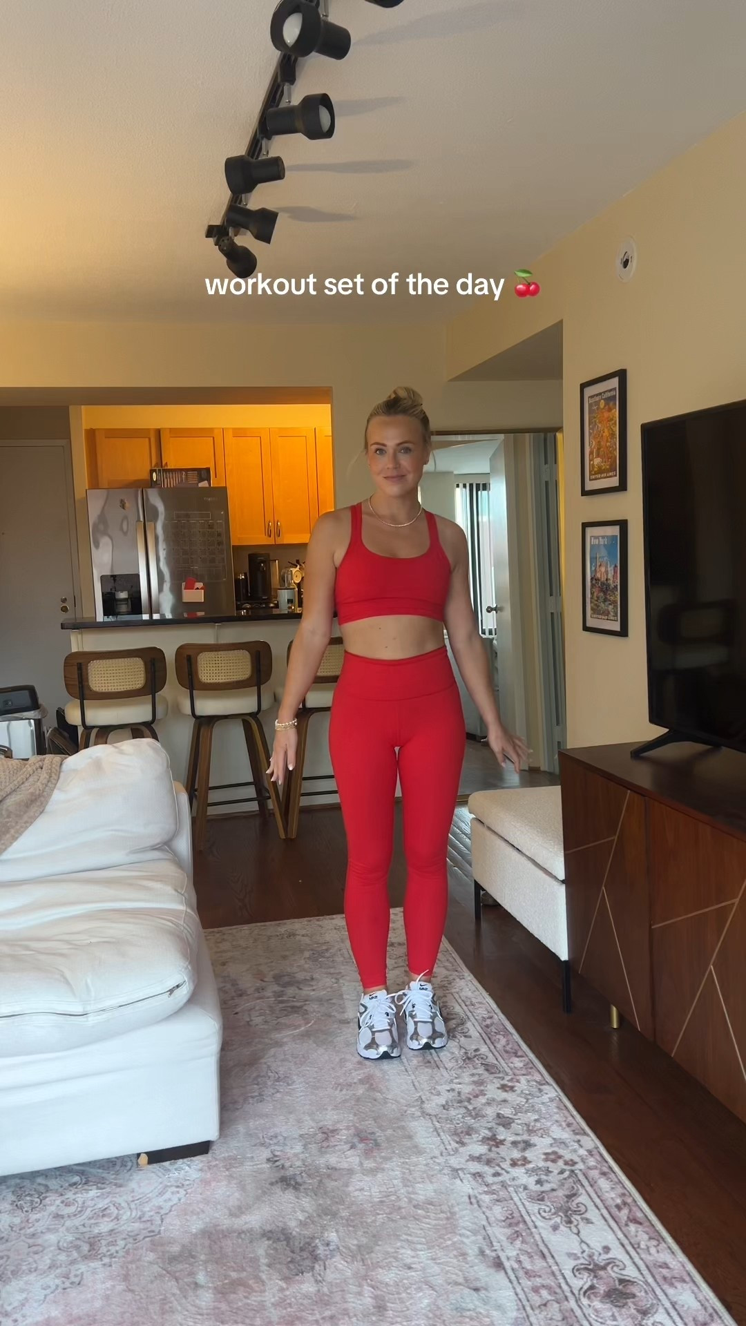 Red workout set; fabletics workout outfit; Nike walking shoes