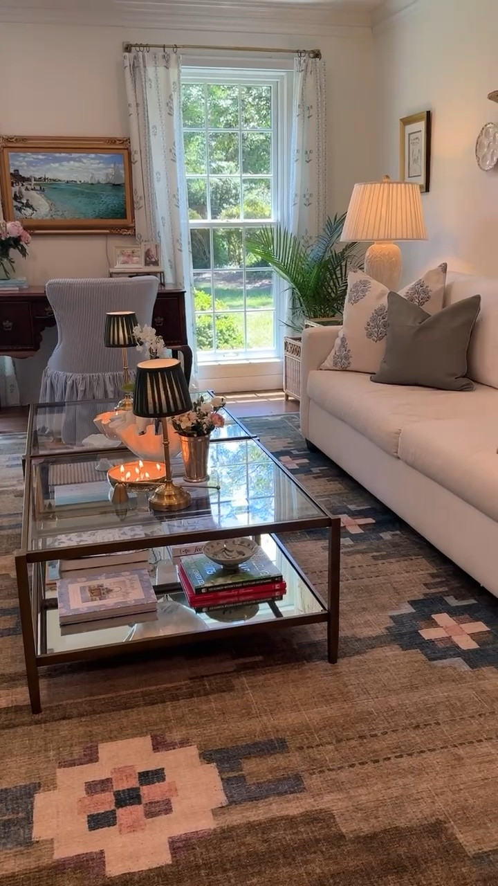 Living room decor, throw pillows, classic home decor, Jillien harbor pillows, green and blue rug, coffee table, white couch

#LTKHome