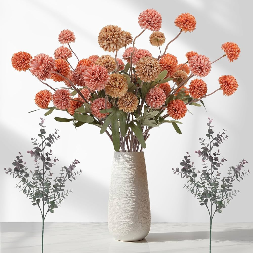 Geegoods 10 Stems Silk Pompon Mum Artificial Flowers with 2 Eucalyptus – 21’’ Long Stem Fau... | Amazon (US)