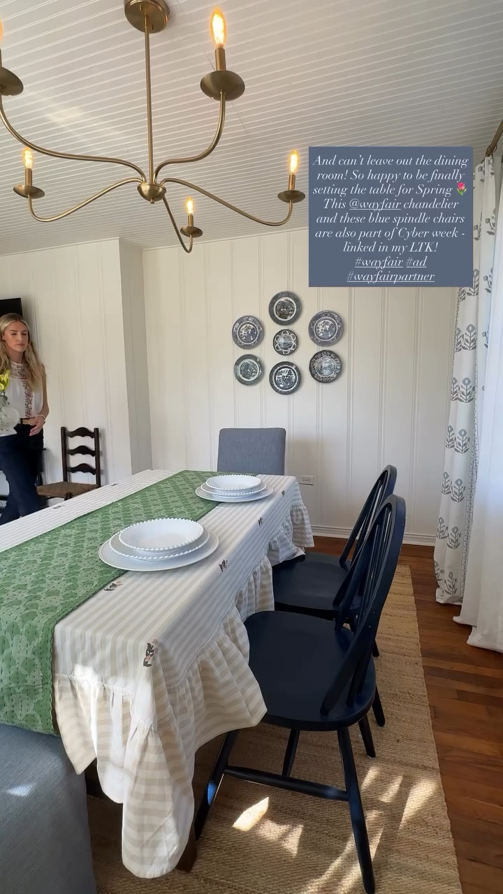 And can’t leave out the dining room! So happy to be finally setting the table for Spring 🌷 This @Wayfair  chandelier and these blue spindle chairs are also part of Cyber week - linked in my LTK!
#wayfair #ad #wayfairpartner 

#LTKSaleAlert #LTKHome #LTKdayinmylife