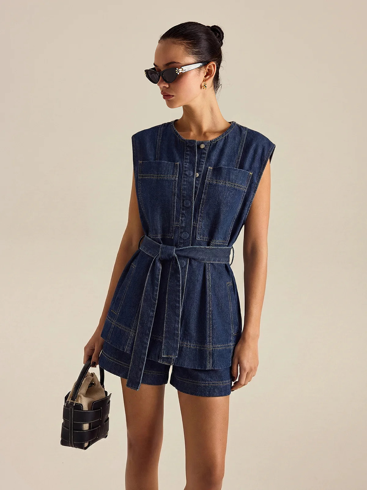 Belted Denim Sleeveless Vest & Shorts Set | Commense