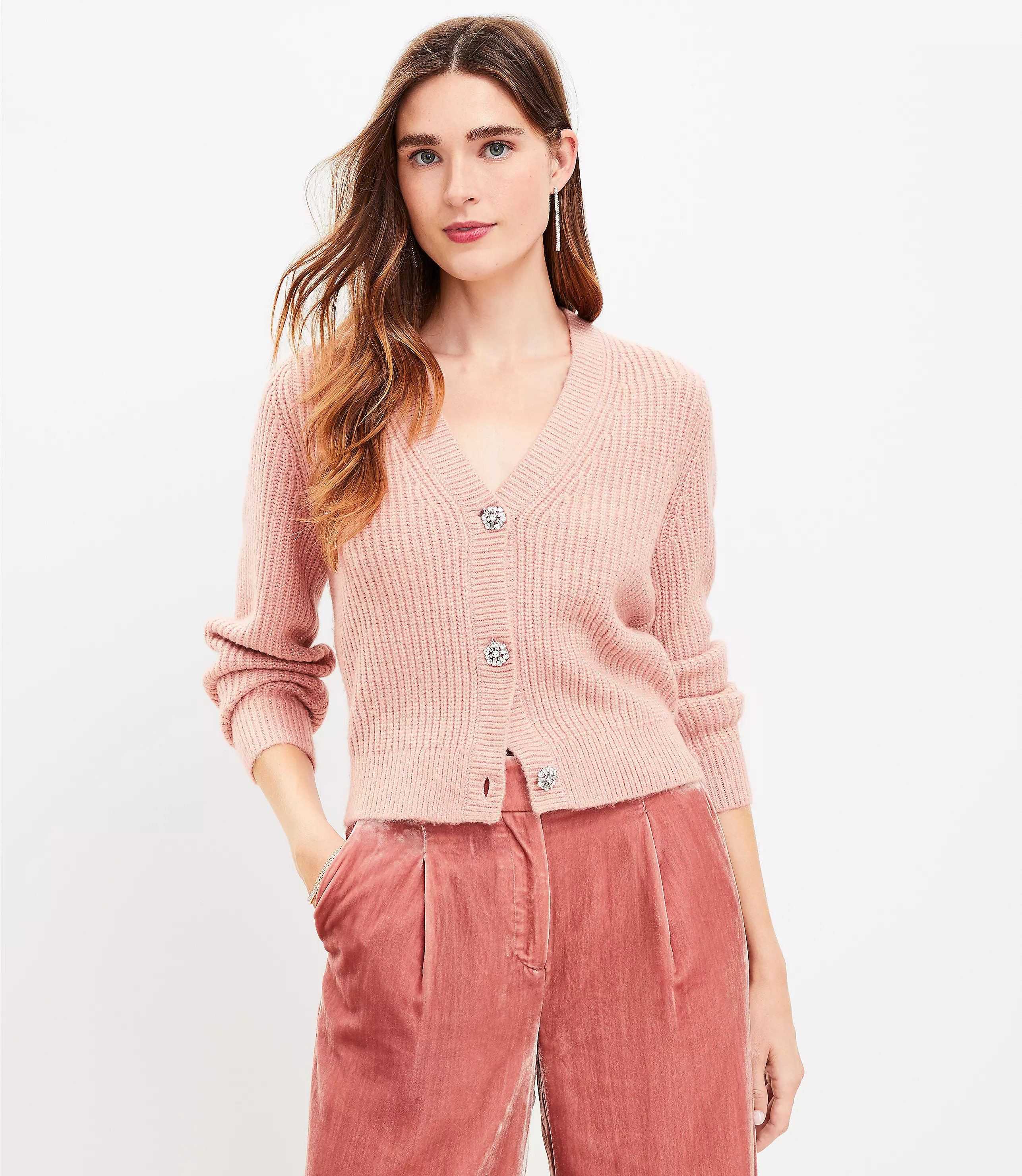 Shimmer Ribbed Jeweled Button V-Neck Cardigan | LOFT
