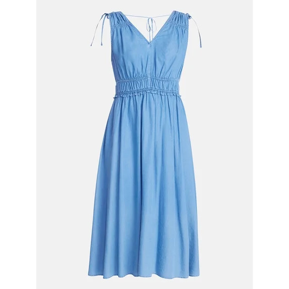 Time and Tru Women's Ruched Tie Shoulder Midi Dress, Sizes XS-XXXL | Walmart (US)