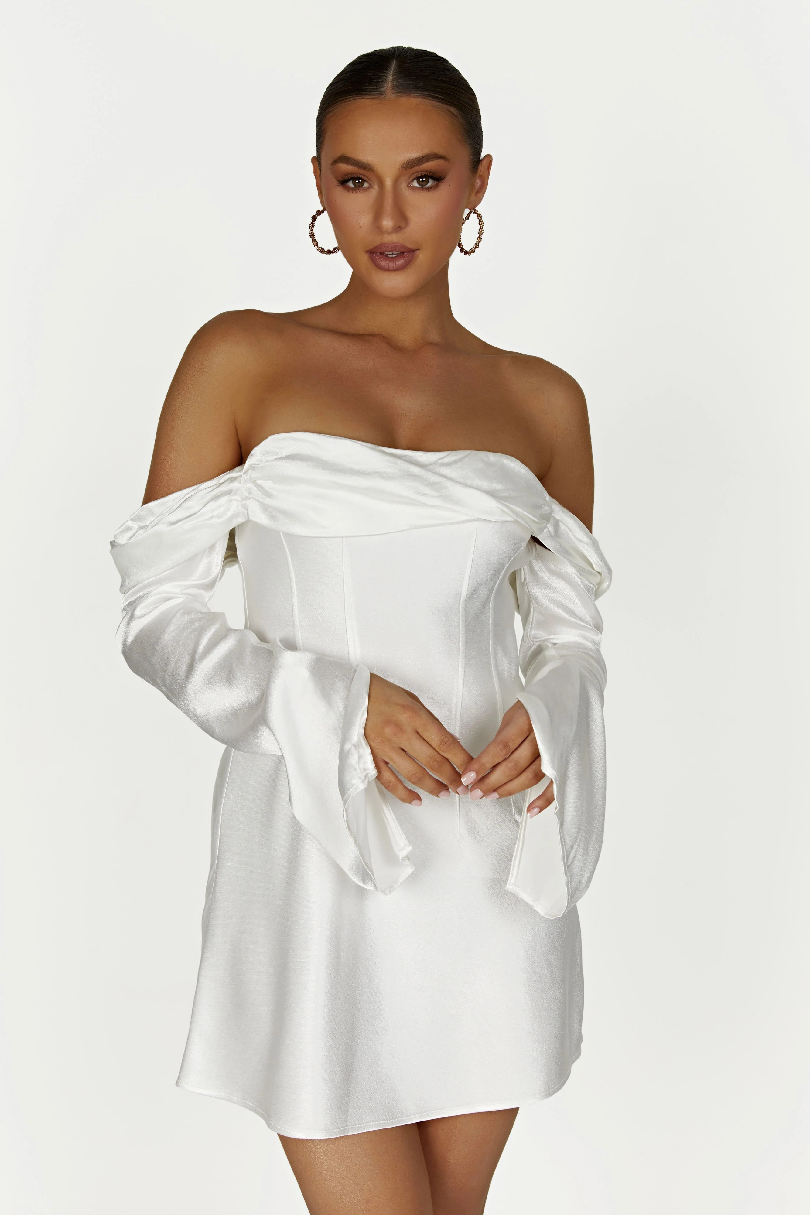 Giselle Off Shoulder Satin Mini Dress - White | MESHKI US