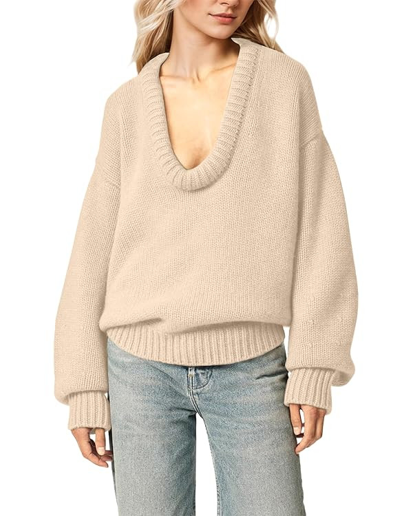 Livtany Women’s Oversized Ribbed Deep V Neck Sweater Long Sleeve Drop Shoulder Pullover Top Cas... | Amazon (US)