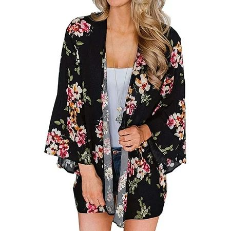TAIAOJING Women s Open Front Cardigan Shirt Floral Kimono Loose Shawl Beachwear Boho Casual Blouse S | Walmart (US)