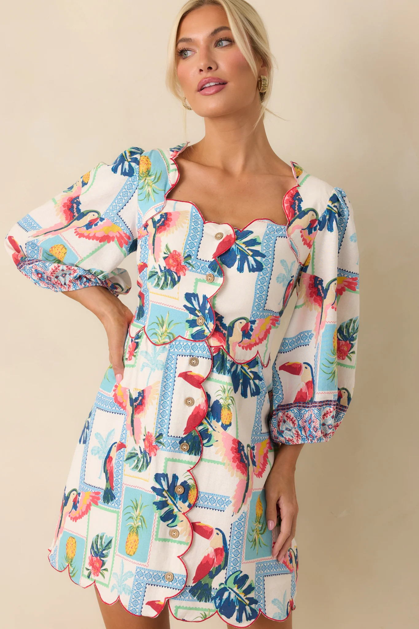 Away From The Noise Ivory Multi Patchwork Print Mini Dress | Red Dress