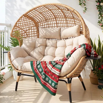 Double Egg Chair Indoor Outdoor Stationary Oversized Thicken Padded Cushions,2 Person Egg Loveseat Chair With Cup Holder,Grid | Wayfair North America