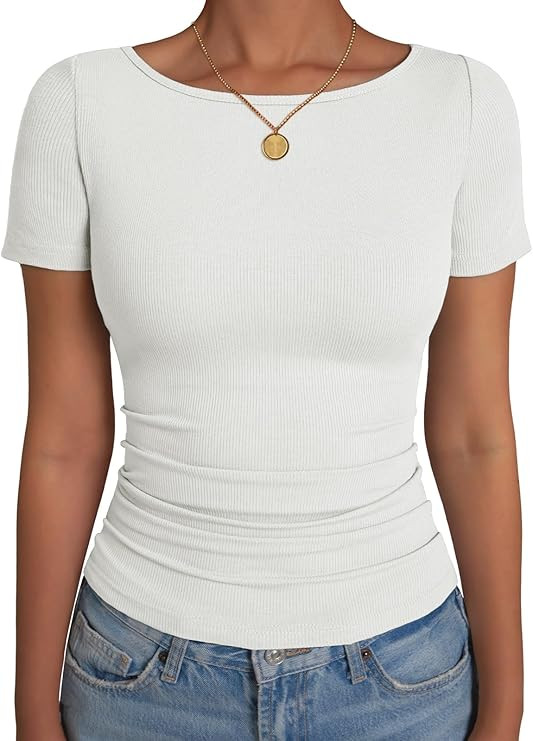 Women's Boat Neck Tops Ribbed Short Sleeve T-Shirts Slim Fitted Tight Y2k Basic Tee Spring Clothe... | Amazon (US)