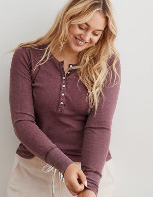 Aerie Long Sleeve Ribbed Henley T-Shirt | American Eagle Outfitters (US & CA)