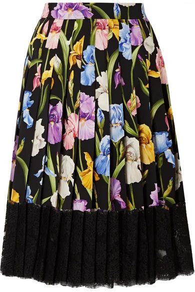 Dolce & Gabbana - Lace-trimmed Pleated Floral-print Silk-blend Midi Skirt - Black | NET-A-PORTER (US)
