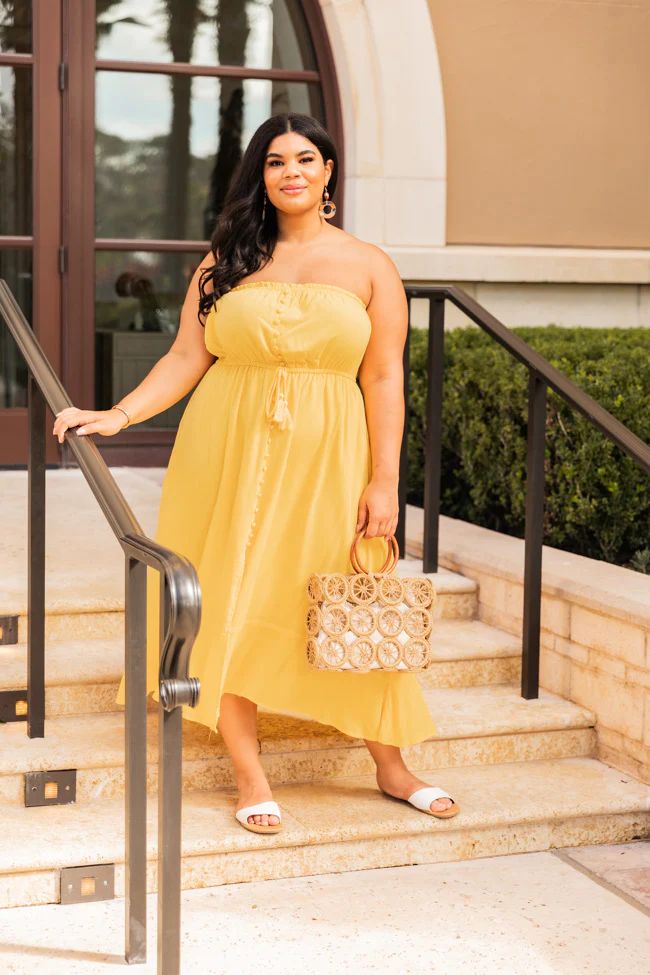 Marigold Sunset Yellow Strapless Button Detail Midi Dress FINAL SALE | Pink Lily