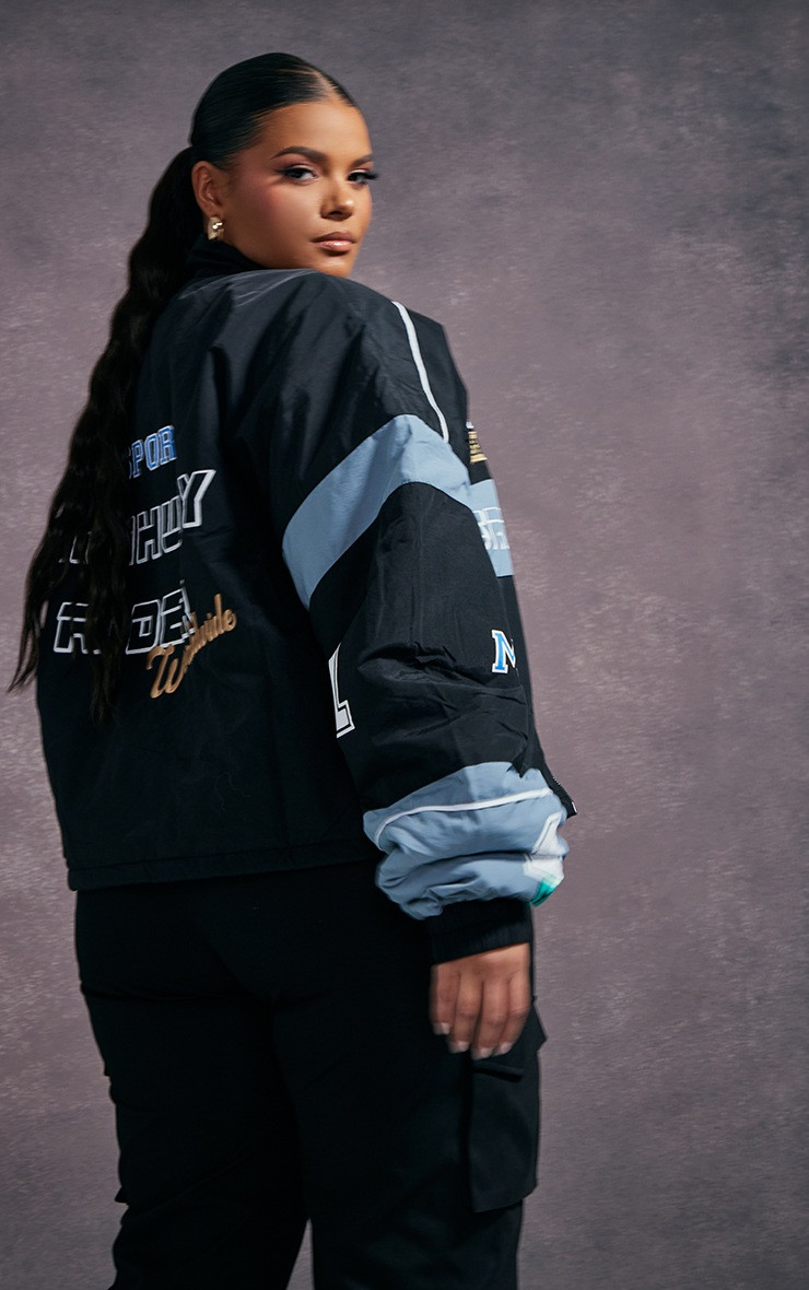 Plus Black Oversized Graphic Zipped Racer Bomber Jacket | PrettyLittleThing CAN