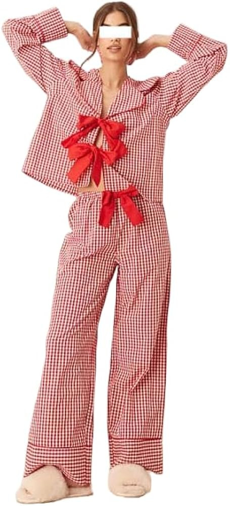 LILTWIST Women Christmas Gingham Pajamas Bow Pjs Tie Front Babydoll Shirt and Pants Set Cute Plai... | Amazon (US)