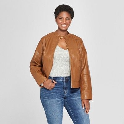 Women's Plus Size Scuba Moto Jacket - Ava & Viv™ Brown | Target