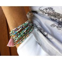 Turquoise and Cream Extra Long Seed Bead Wrap Bracelet   Tassel Optional | Etsy (US)
