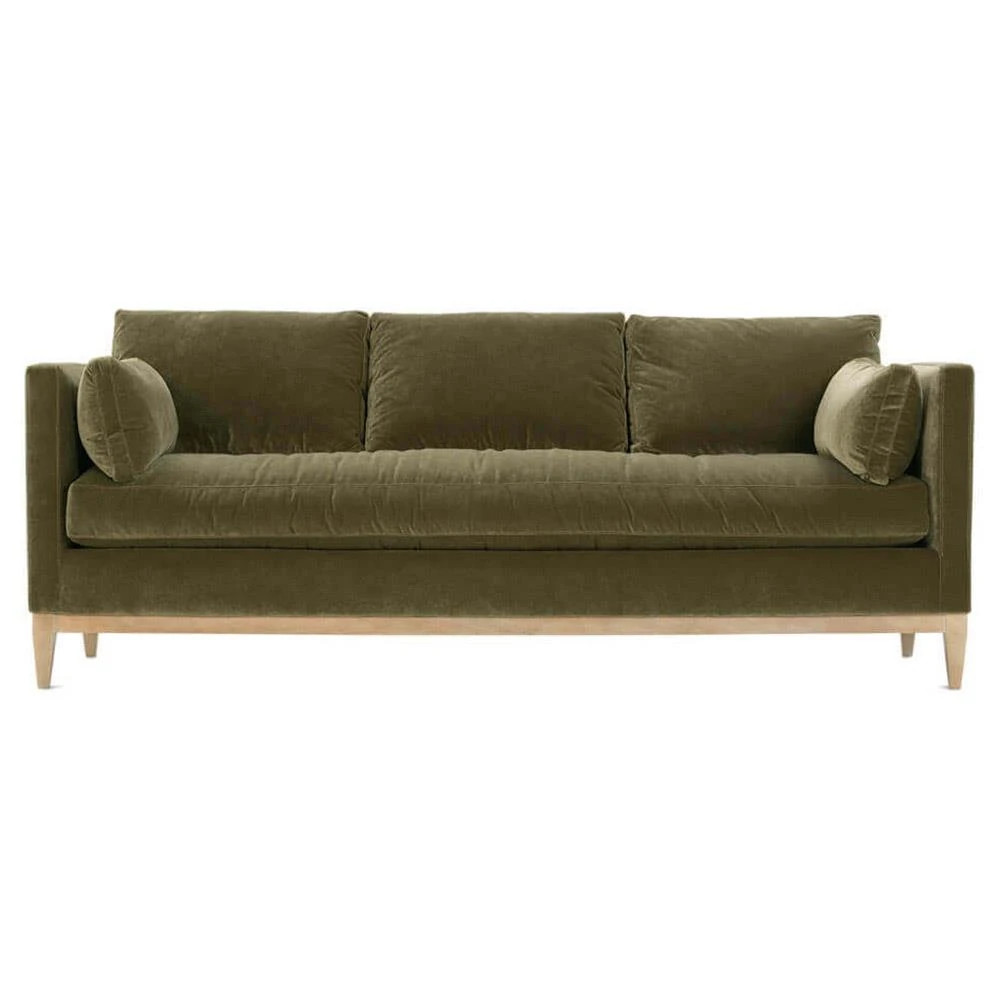 Leah Mid Century Modern Green Upholstered Velvet Brown Wood Sofa - 86"W | Kathy Kuo Home