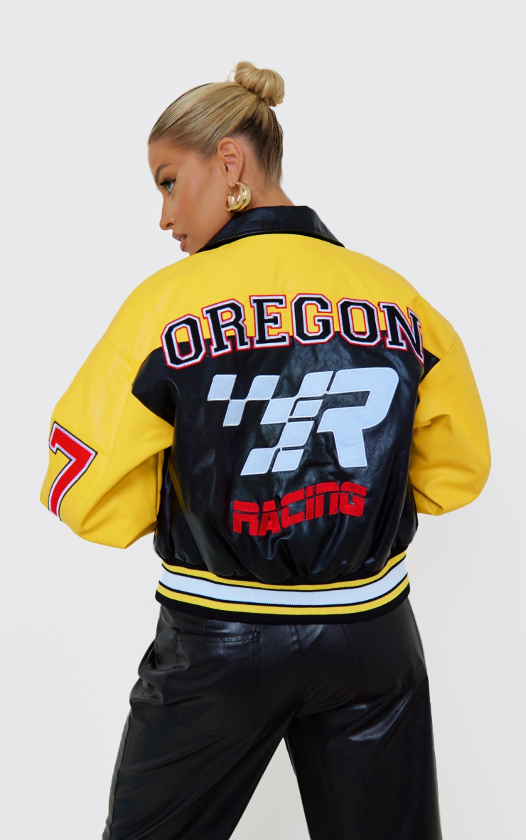 PRETTYLITTLETHING Yellow Faux Leather Motocross Racer Bomber Jacket | PrettyLittleThing US