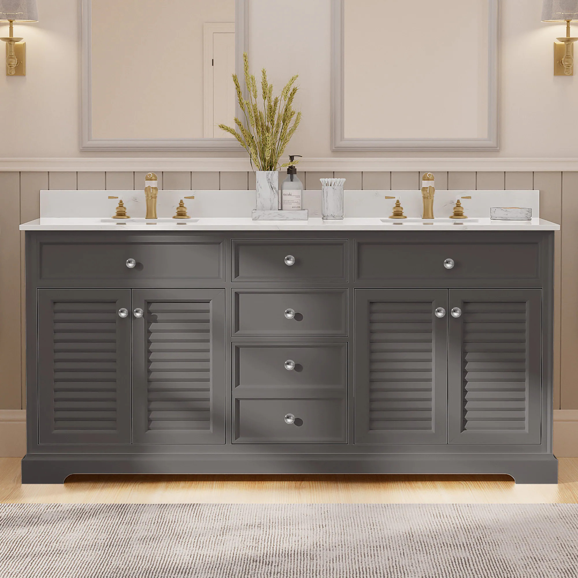 JEAREY Bathroom vanities with top 72-in Dark Gray Double Sink Bathroom Vanity with White Marble Top | HNBSTTY-BLACK | Lowe's