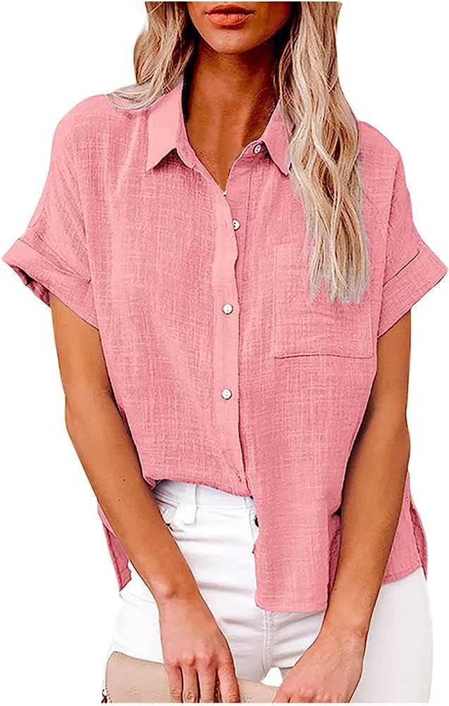 Button Down Shirts Women Summer 2022 Casual Short Sleeve Linen Collared T Shirts Loose Plain Tees Dr | Amazon (US)