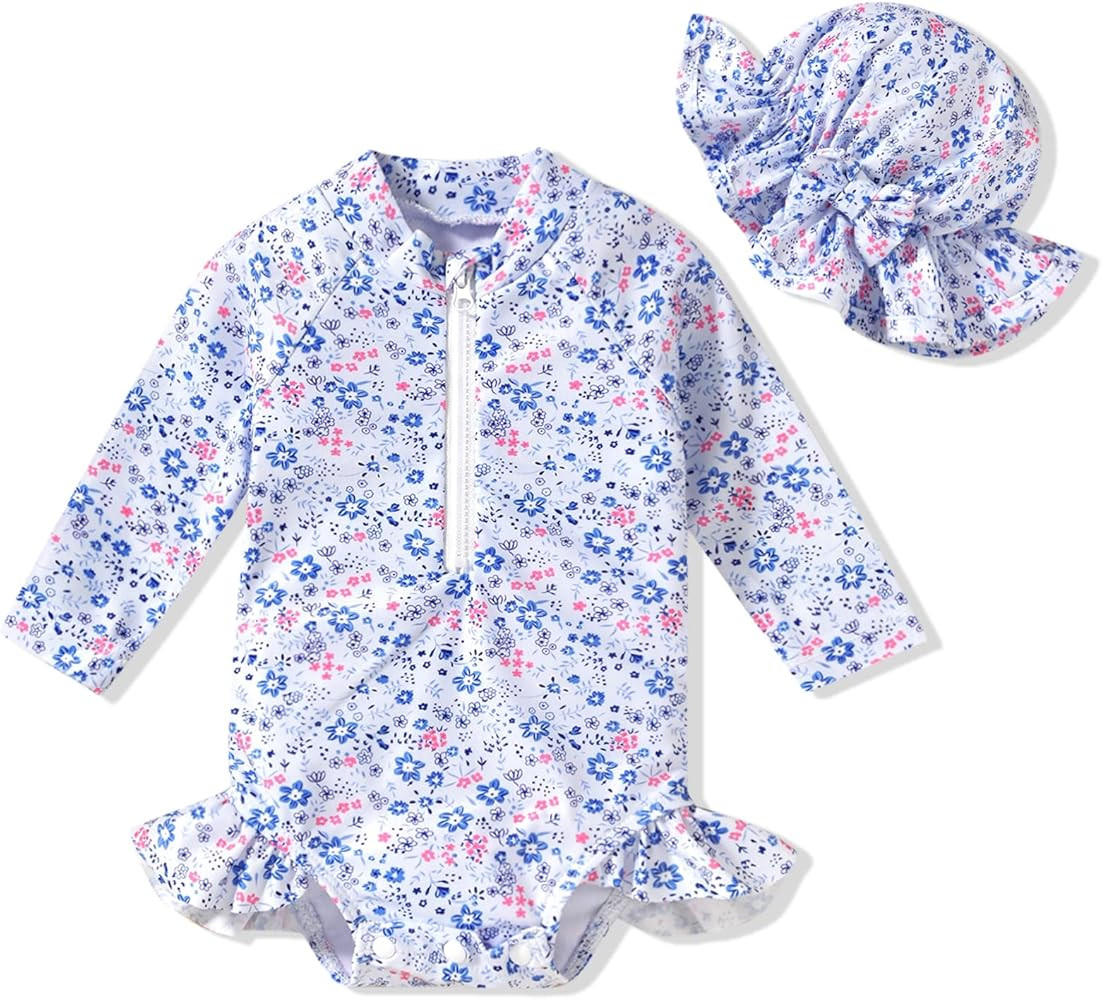 Aalizzwell Baby Girls Long Sleeve One Piece Swimsuit with Hat | Amazon (US)