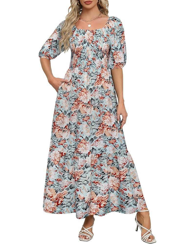Lyrur Summer Boho Smocked Maxi Dresses for Women 2025 Casual Puff Sleeve Square Neck A Line Tiere... | Amazon (US)