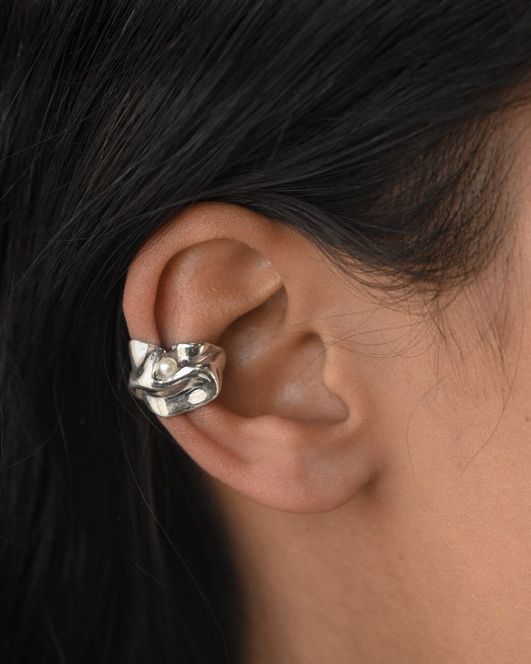 WABI Silver Ear Cuff With Natural Pearl, 925 Sterling Silver, Silver or Gold Finish, June Birthst... | Etsy (US)