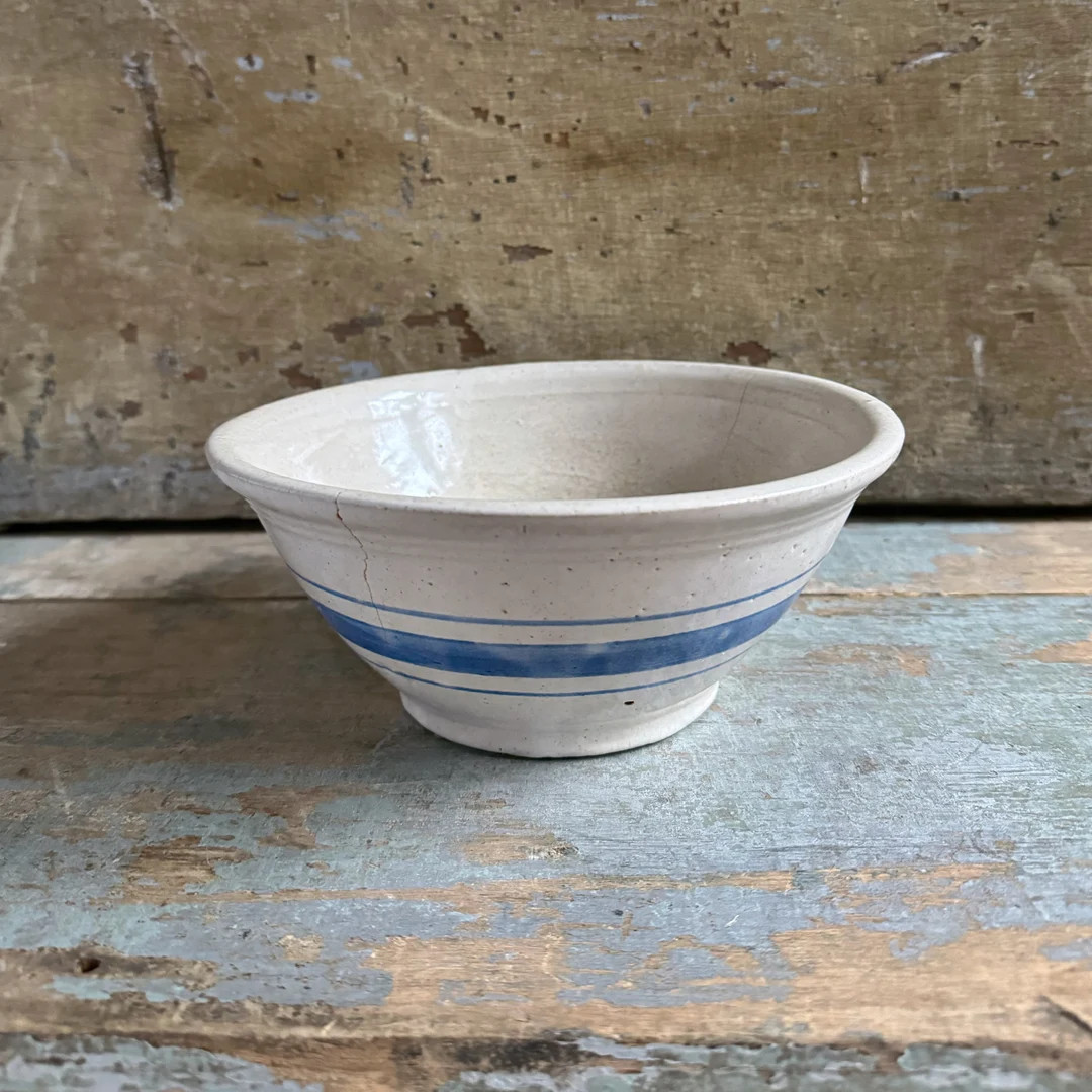 Primitive Aged Stoneware Bowl With Blue Stripes Medium Sized Vintage Bowl - Etsy | Etsy (US)