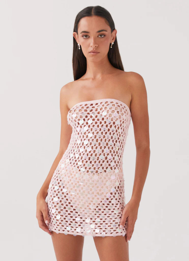 Montana Sequin Crochet Mini Dress - Pink | Peppermayo (Global)