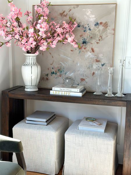 Studio McGee target abstract wall, art, cherry blossoms house of Blum coffee table books Crystal candle stick holders Alice Lane home Ottoman console table, living room, sitting room, modern organic designer

#LTKHome
