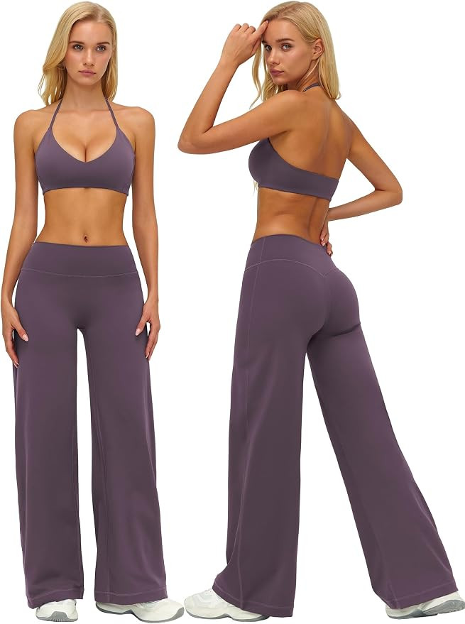 ABOCIW Two Piece Workout Sets for Women V Neck Halter Sports Bra Straight Leg Yoga Pants Gym Pila... | Amazon (US)