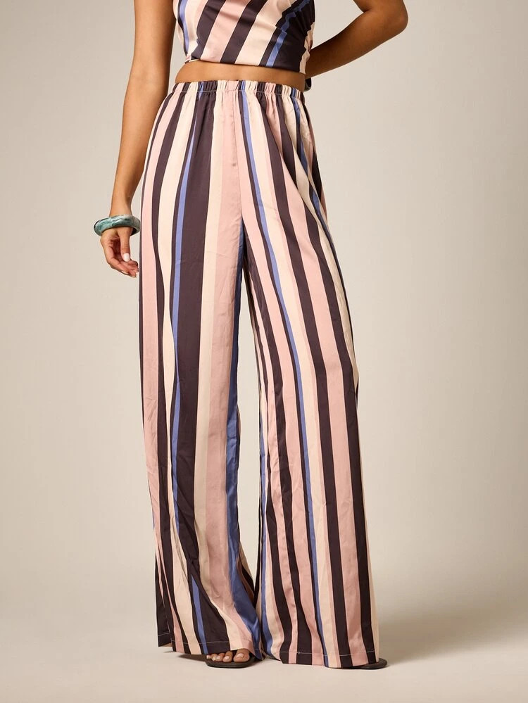AiiRZ Striped Wide Leg Palazzo Trousers With Elastic Waist, Vertical Multi-Color Stripe Print, Fu... | SHEIN
